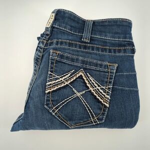 Ariat REAL Denim Womens 28R x 30 Blue Stretch Straight Bootcut Jeans Embroidered